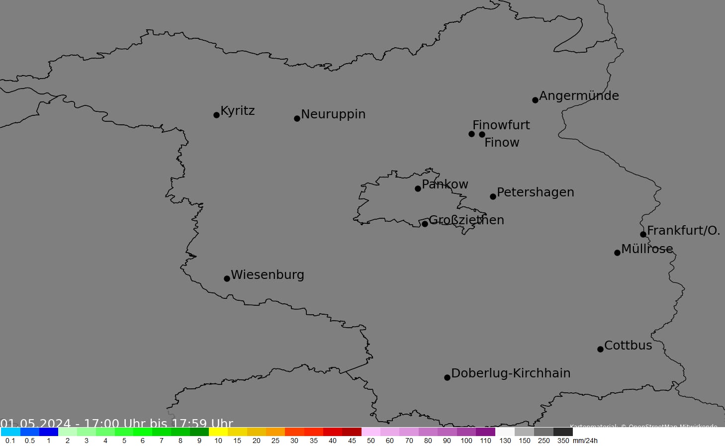 Einstündige Niederschlagssummen in Berlin und Brandenburg